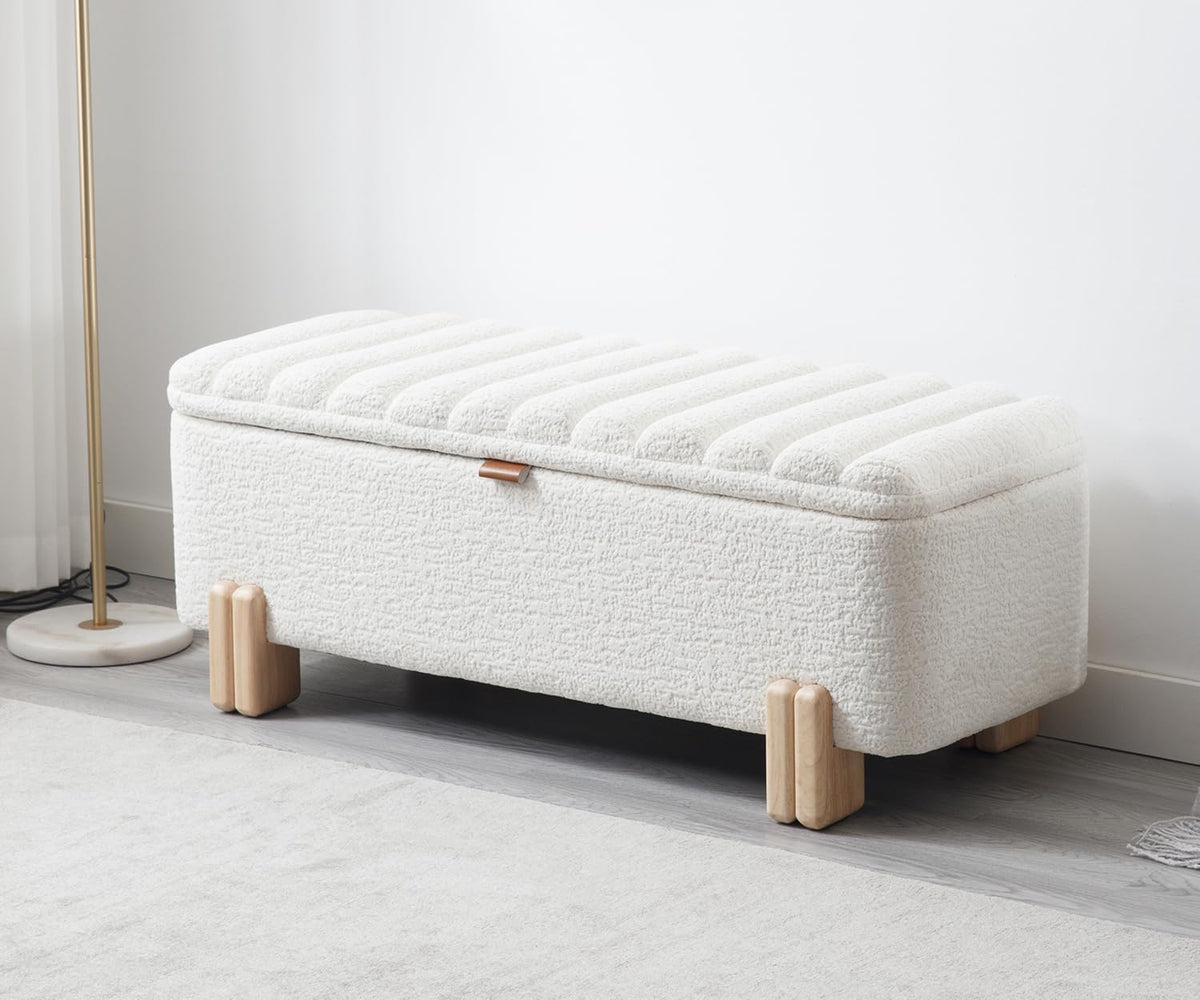 Kmax 45" Storage Bench Faux Fur Entryway Bench Upholstered Ottoman Bench with Wavy Top & Safty Hinge for Bedroom Living Room Hallway, White
