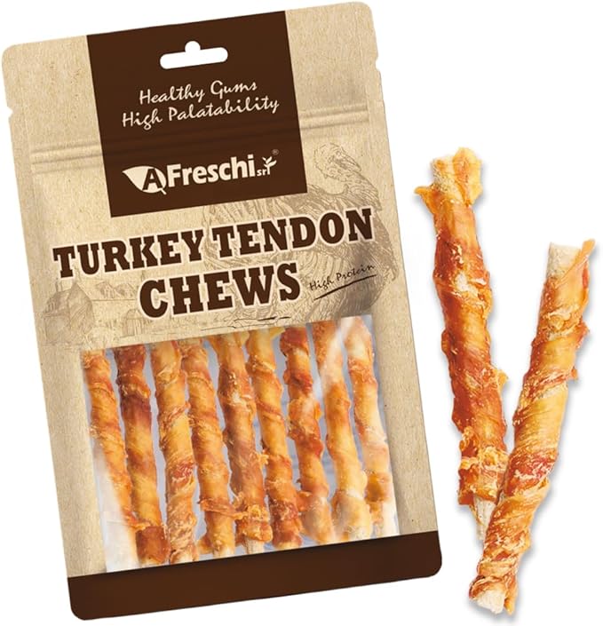 Afreschi Wrapped Turkey Tendon with Brown Rice Stick 3.5 oz, USA-Sourced Turkey Tendon, Dog Treats for Wrapped Series, All Natural Human Grade Dog Treat, Hypoallergenic, Rawhide Alternative