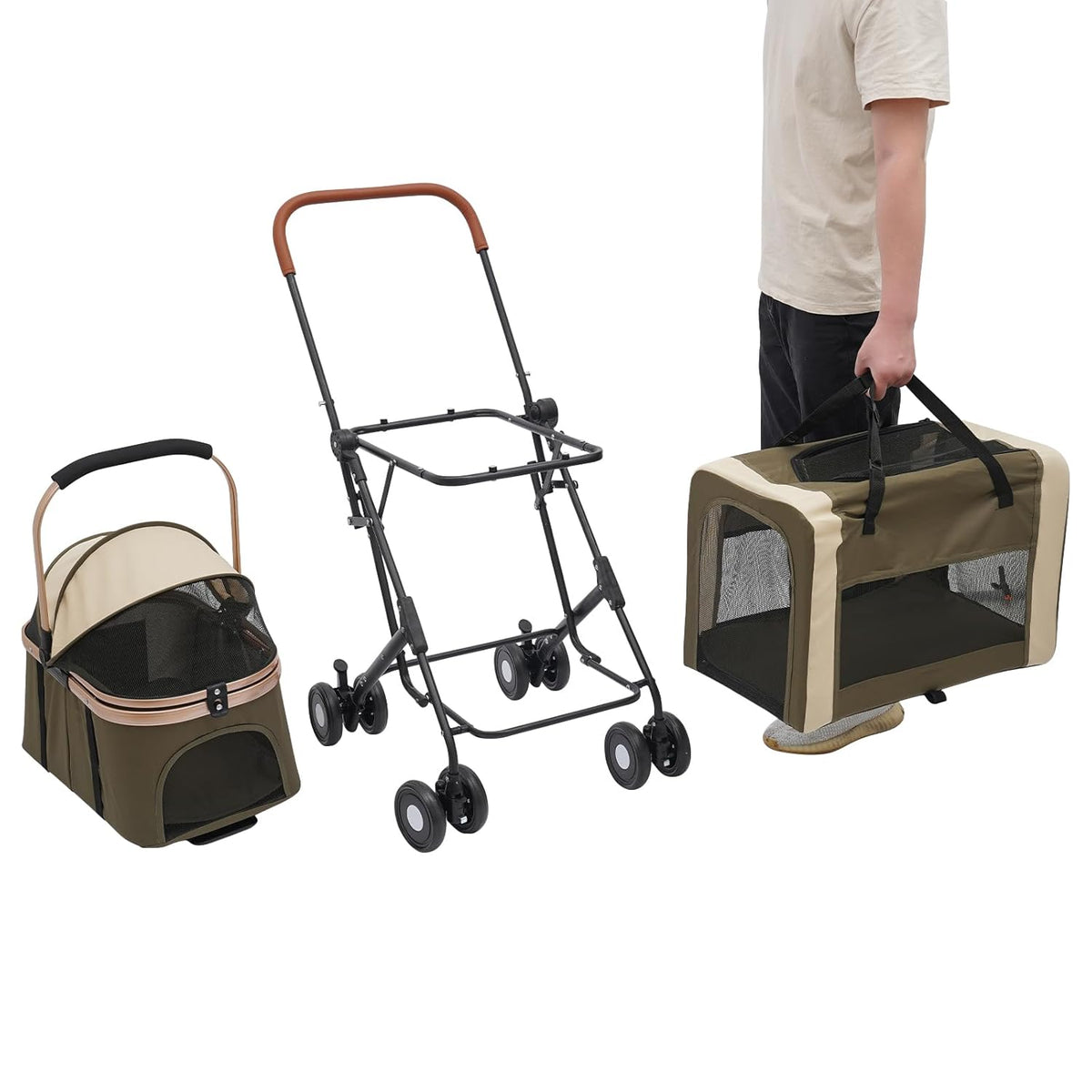 Double Pet Stroller for Dogs and Cats, Foldable Dog Stroller Travel Carriage with Detachable Carriers, Safety Belts, and 4 Lockable Wheels for Small to Medium Pets (Dark Green)