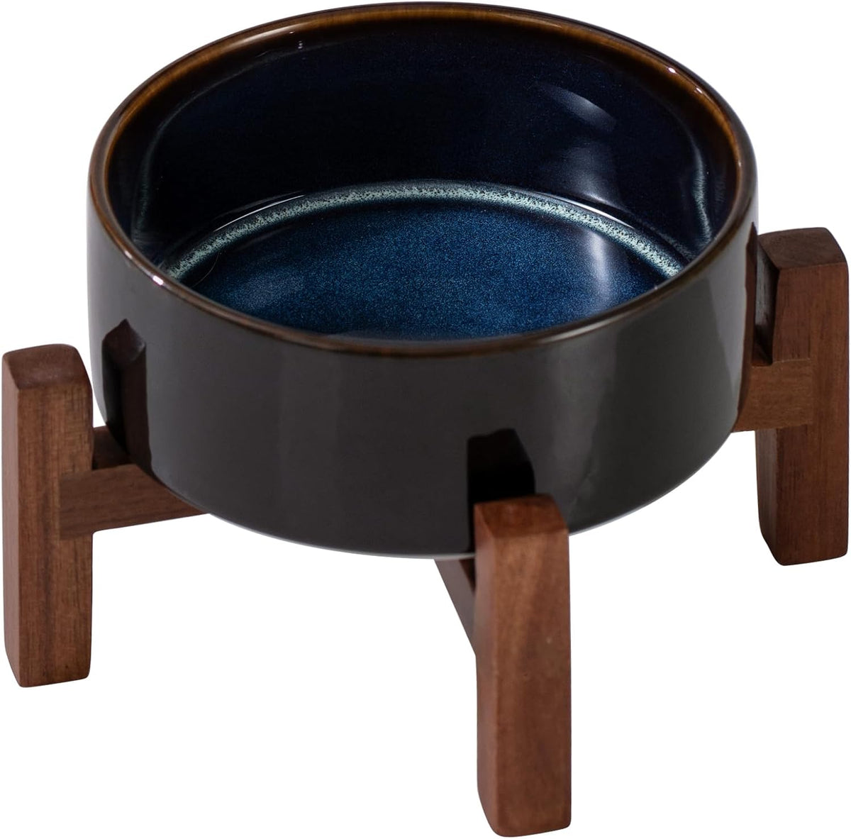 Ceramic 5.1inch Raised Dog and Cat Bowl Set, 2 Heights Elevated Wooden Stand for Puppy, Kitty, Cats, Weighted Pet Food and Water Dishes(5.1'',13.5oz, Starry Sky)