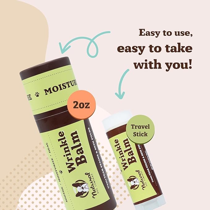Natural Dog Company Wrinle Balm Bundle, (1) Dog Wrinkle Wipes, 50 Count (1) Travel Balm Stick, Dog Lotion for Dry Itchy Skin, Cleans Wrinkles, Plant Based, Dog Face Wipes