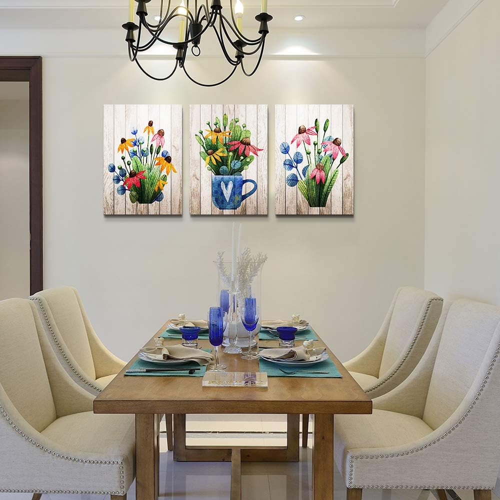Canvas Wall Art For Kitchen Wall Decoration For Living Room Wall Decor For Bedroom Room Decor Vintage Wood Grain Plant Flowers Wall Painting Office Wall Pictures Artwork Home Decor 16" X 24" 3 Piece