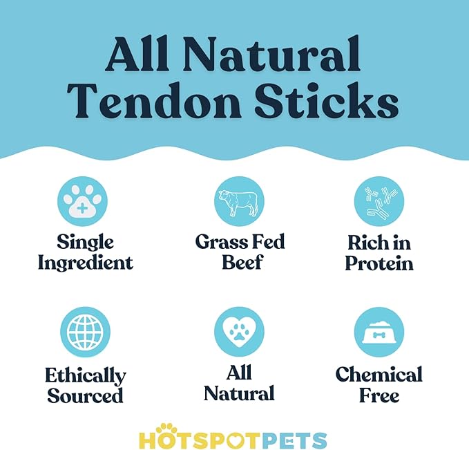 hotspot pets Beef Tendon Chews for Dogs - 8 Inch All Natural, Free-Range, Grass-Fed Premium USDA Gambrol Beef Tendon Stick Treats - Made in USA (1 Pound - 21-23pcs)