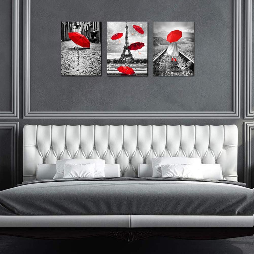 Black and white landscape Eiffel Tower 3 Piece Wall Art for Living Room Bathroom Decorations Kitchen Wall decor modern red umbrella Poster Canvas Print Office Bedroom Home Decoration wall paintings