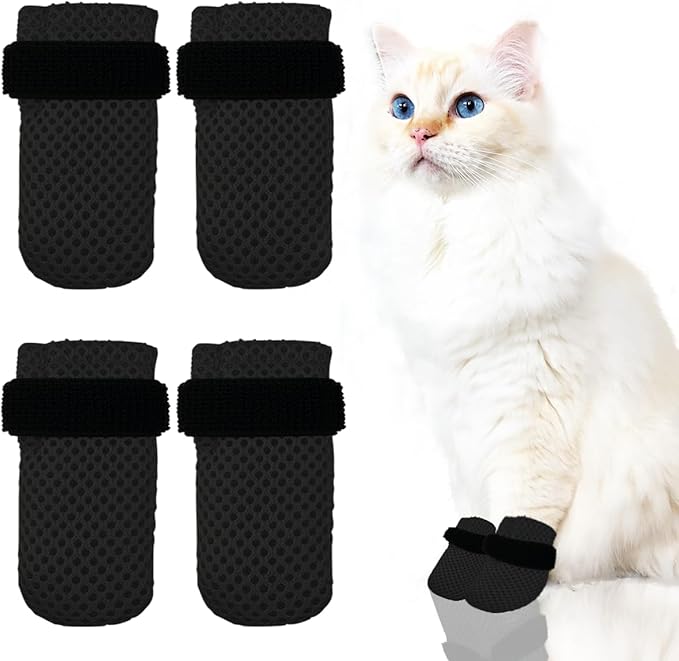 4 PCS Cat Mittens to Prevent Scratching,Mesh Breathable Cat Shoes,Adjustable Cats Anti Scratch Gloves,Suitable for Cats When Bathing and Nail Trimming(XL,Black)