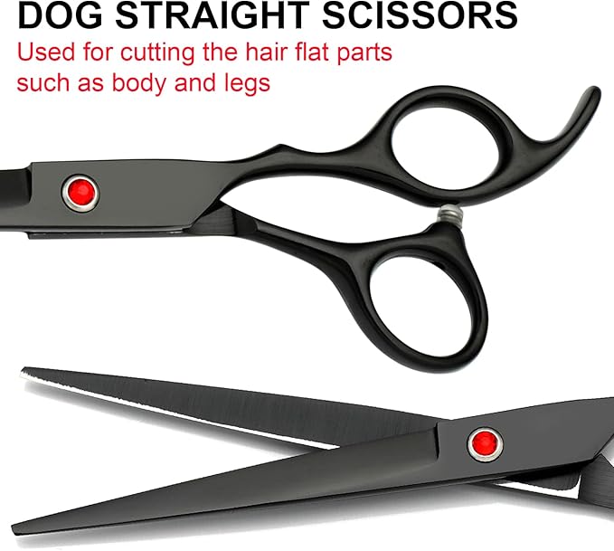 Professional Dog Grooming Scissors Set Stainless Steel Dog Grooming Kit - Thinning, Curved Scissors and Comb for Dog Cat Pet (Black 5 in1)