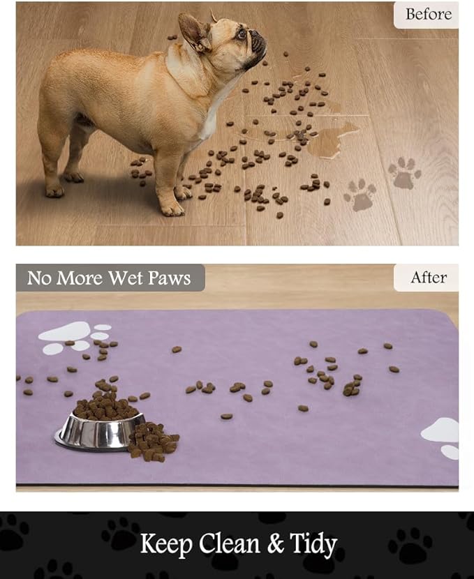 Pet Feeding Mat-Absorbent Dog Mat for Food and Water Bowl-No Stains Quick Dry Water Dispenser Mat-Dog Accessories Pet Supplies-Bowl for Messy Drinkers（Purple,16"x24"