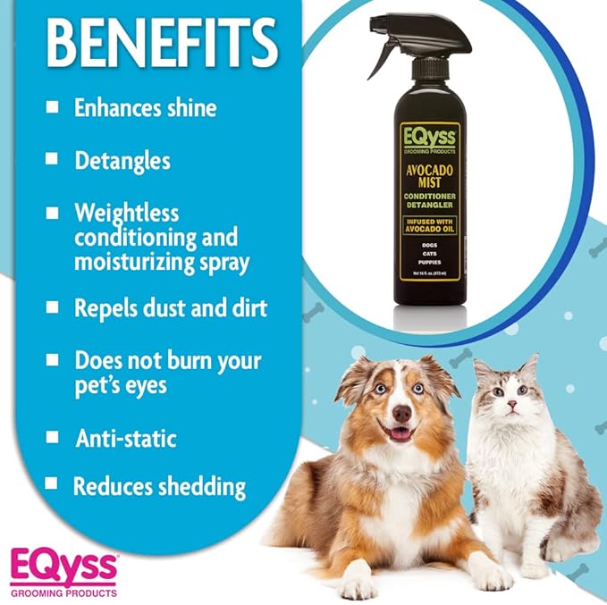 EQyss Avocado Mist Pet Spray Conditioner - Shines, Conditions, and Reduces Shedding, Weightless Leave in Spray - for Dogs, Cats, Puppies - Oil and Silicone Free, pH Balanced, USA Made