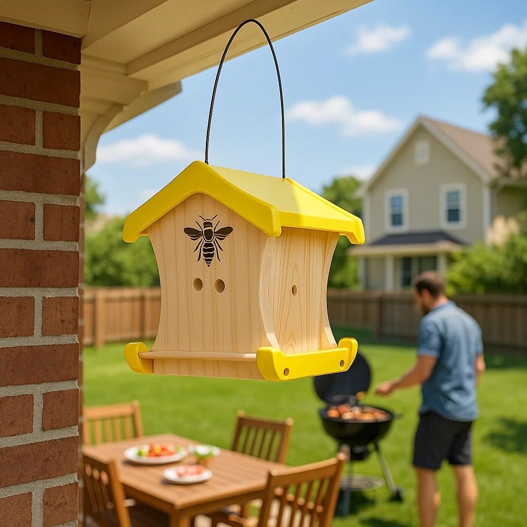 Carpenter Bee House for Outside, Wood Beetrap for Outdoors Insect House Hotel for Garden Stainless Cable Bee Box Without Bottle 2025 New Heavy Duty