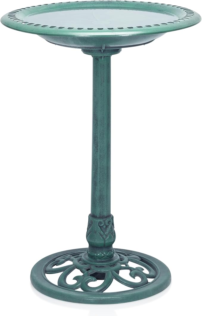 Alpine Corporation TEC116 Outdoor Aged Green Pedestal Birdbath with Scrollwork, 28" Tall, Green