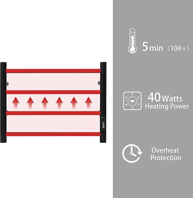 KEG Towel Warmer Wall Mounted with Built-in Timer 4 Bars Electric Stainless Steel Heated Towel Racks for Bathroom, Hot Plug-in Bath Towel Heater Matte Black