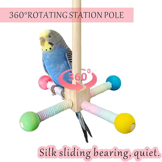 Bird Stand Perch Toy, Parrot 360° Interactive Rotating Parakeet Toys, Wooden Bird Cage Accessories Exercise Wheel Parrot Budgie Toys, Suitable for Cockatiels Lovebirds Conures Finches