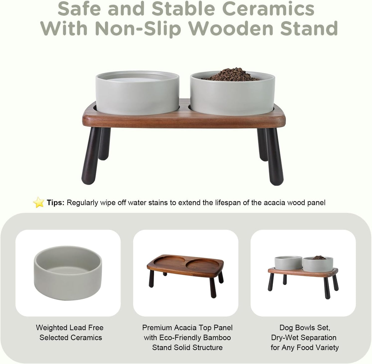 SPUNKYJUNKY Ceramic Elevated Dog Bowls Raised with Acacia Bamboo Wooden Stand, 6.1'' Dog and Cat Food Water Bowls Set Non-Slip for Small Medium Sized Breed Microwave Dishwasher Safe - 28.7 OZ,Grey