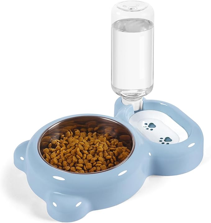 Dog Bowls, Cat Food and Water Bowl Set with Water Dispenser and Stainless Steel Bowl for Cats and Small Dogs - Light Blue