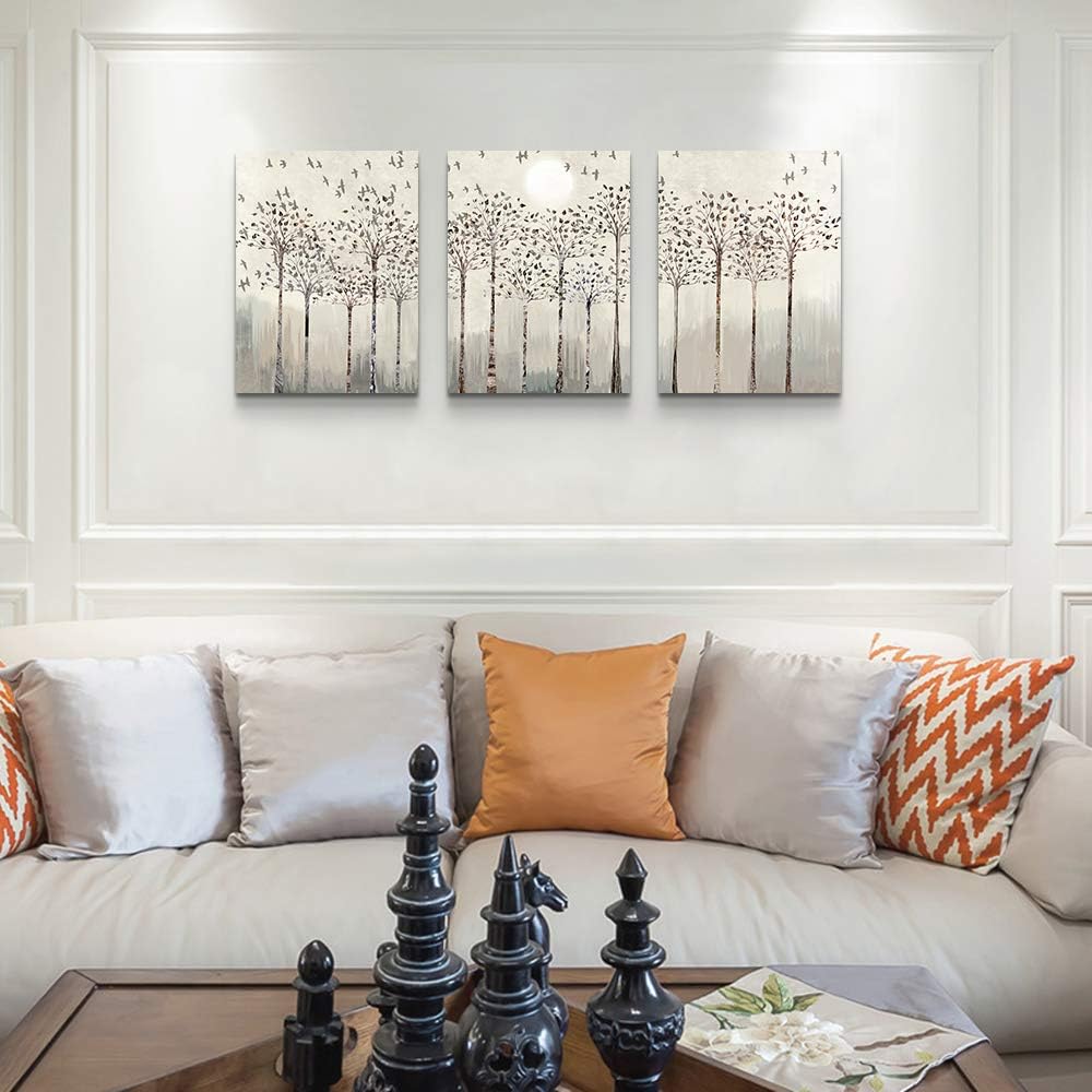 Trees And Birds Abstract Paintings Canvas Prints Wall Art For Bedroom Bathroom Wall Decor Office Artworks Pictures Wall Decorations For Living Room,3 Piece Sunrise And Sunset Modern Home Decoration