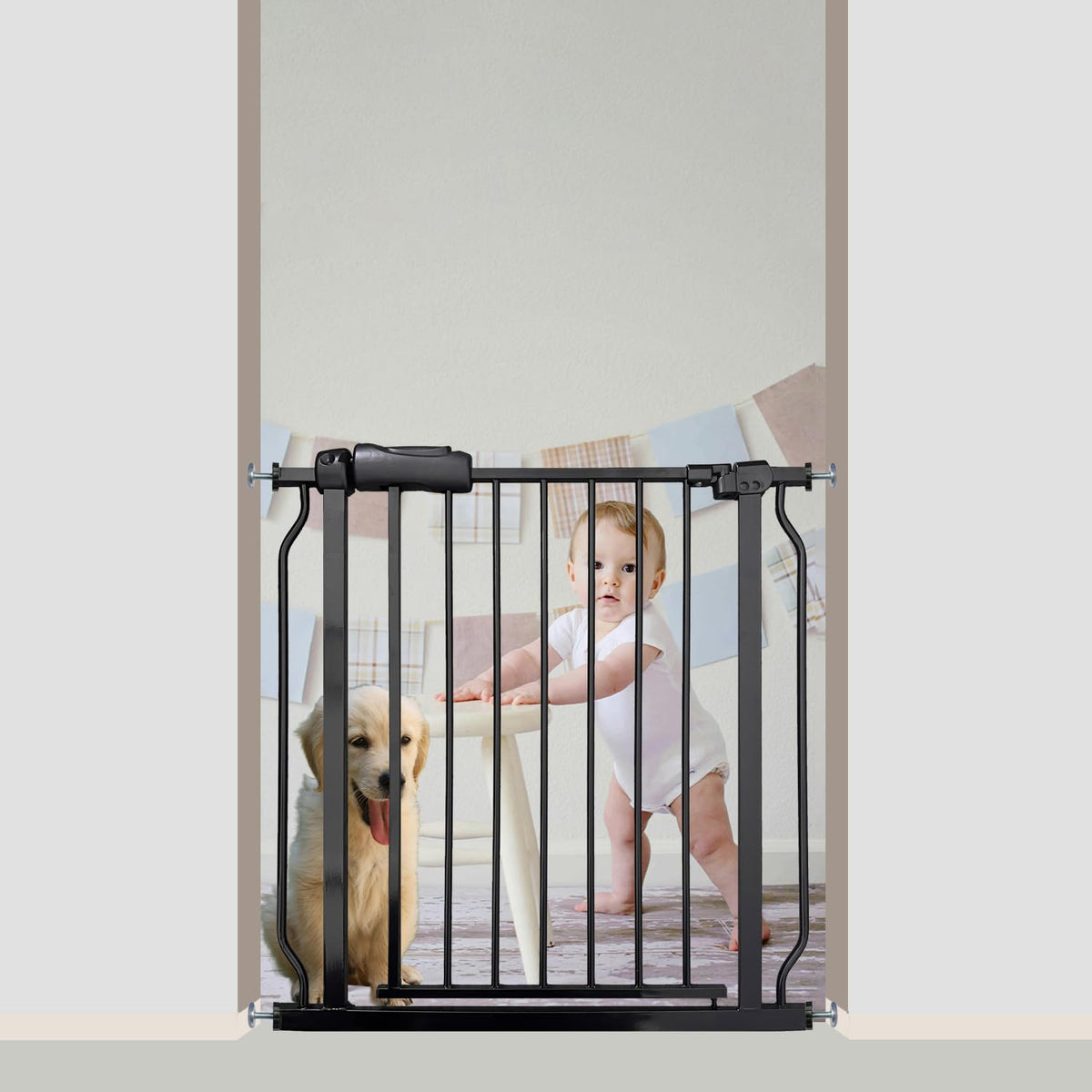 Walk Through Baby & Dog Gate 29-34 Inch, Tension Mounted No Drilling, Indoor Safety Gate for Stairs & Doorways, Metal Design for Kids and Pets, Black