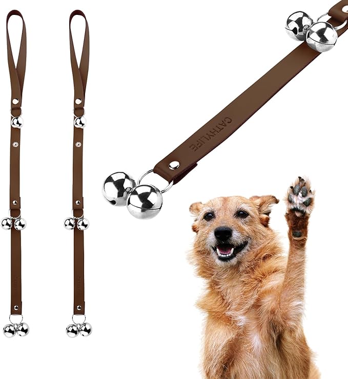 Leather Dog Doorbells for Door Knob/Potty Training/Go Outside, Length Adjustment Copper Dog Bell, Housetraining Hanging Bell, Dark Brown Leather Silver Bells - 2 Pack