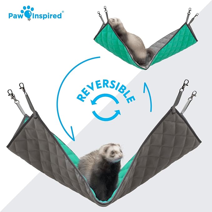 Paw Inspired Hanging Fleece Hammock for Ferrets, Rats, Chinchillas, Sugar Gliders, Cats, Small Pets | Hideout Toy for Guinea Pigs, Hamsters | Swivel Clips for Small Animal Cages (Gray/Green)