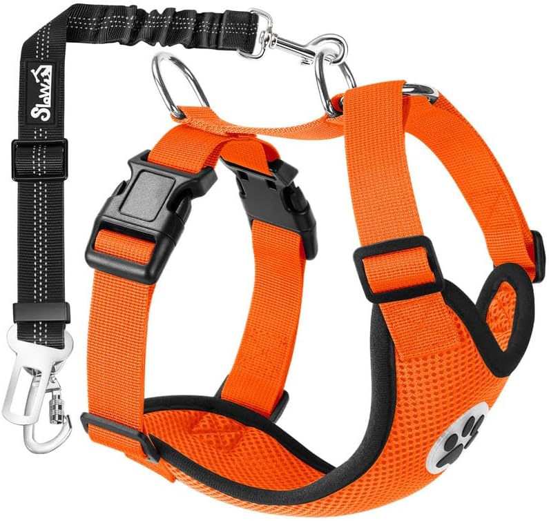 SlowTon Dog Seat Belt Harness for Car, Dog Car Harness Adjustable Mesh Breathable & Dog Seatbelt Safety Tether with Elastic Bungee for Small Medium Large Pets(Orange, Double Clip, M)