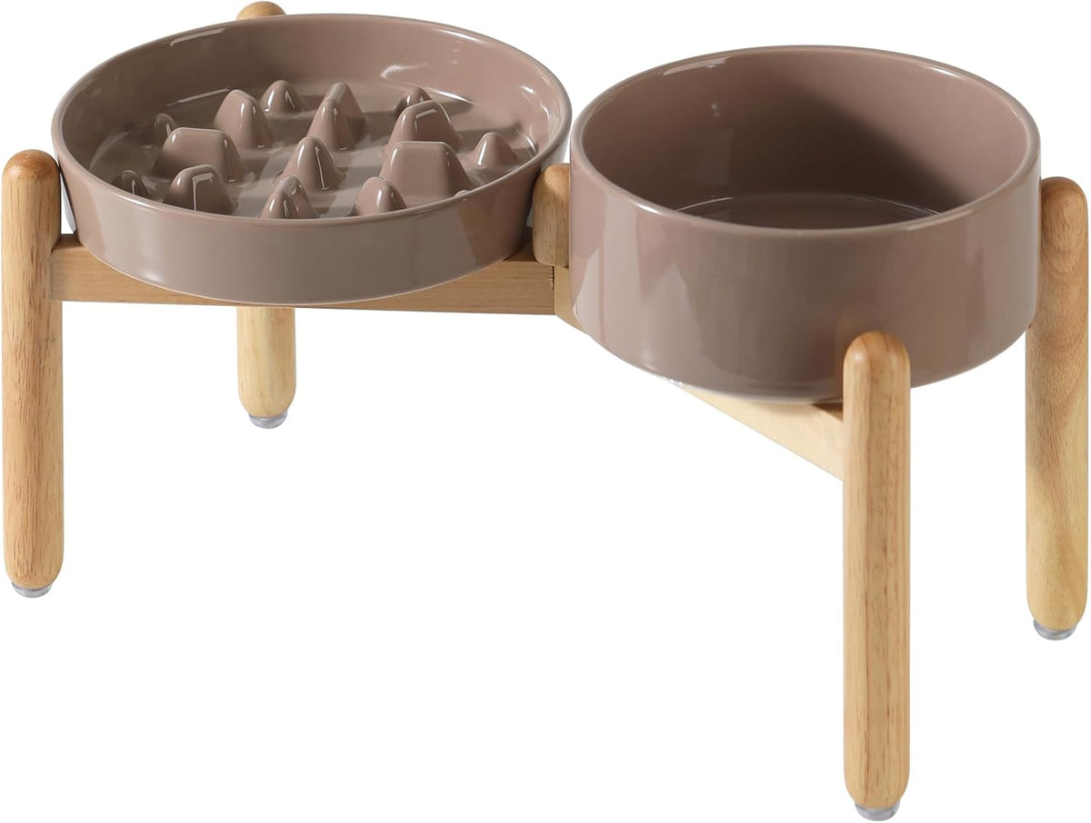 Ceramic Raised Slow Feeder Dog Bowl Set, Elevated 7.3inch Bowl and 8.2inch Slow Pet Food Dish with Wooden Stand for Medium and Large Dog (2 x Brown Coffee+ Stand)