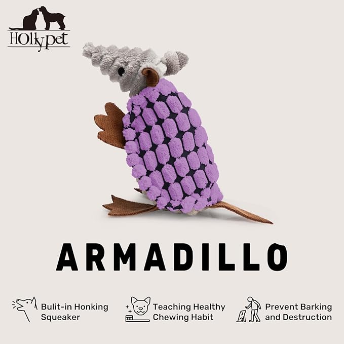 Hollypet Plush Dog Squeaky Toy Stuffed Armadillo Animal Pet Puppy Chew Toys with Clean Teeth for Small Medium Large All Breed Sizes Dogs, Purple, 6 in