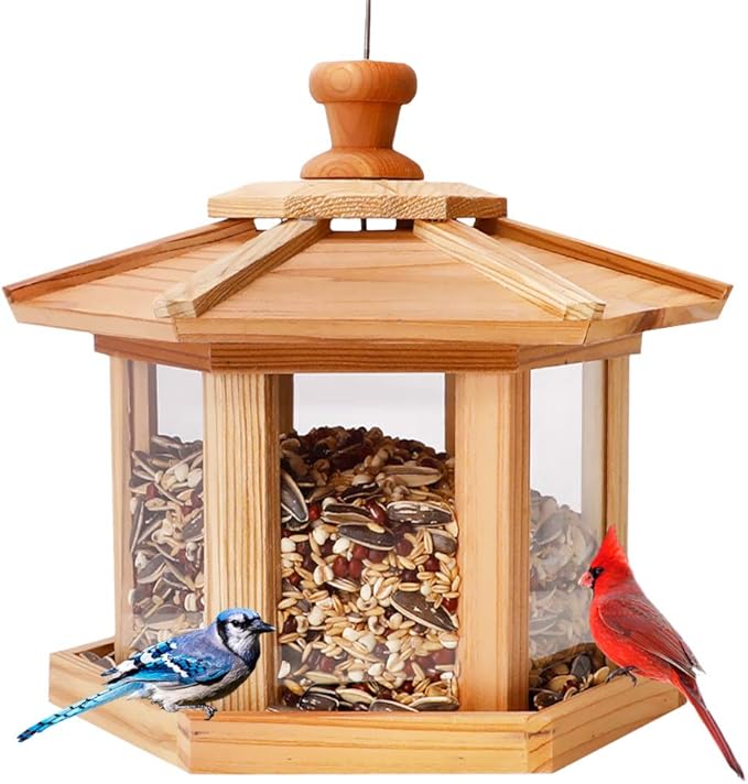 Solution4Patio Bird Feeder for Outdoors - USA Cedar Hexagon Gazebo Bird Feeders with Vented Mesh Tray, Easy-Clean & Fill Design 9.6" Dia. X 8.7" H 3.2-lb Capacity