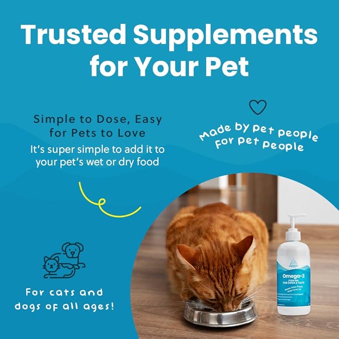 Wild-Caught Omega 3 Fish Oil for Dogs & Cats, Liquid EPA DHA Supplement for Skin, Coat, Joints & Heart, Low-Odor Omega 3 Drops for Small Dog Breeds & Cats with Itchy Skin, 16 oz