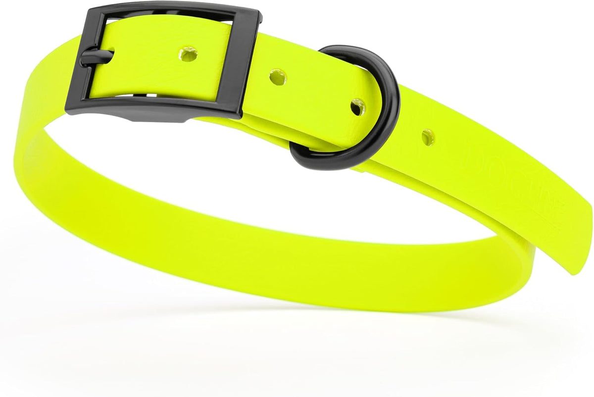 Dogline Biothane Waterproof Dog Collar Strong Coated Nylon Webbing with Black Hardware Odor- Proof for Easy Care Easy to Clean High Performance Fits Small Medium or Large Dogs, Safety Yellow