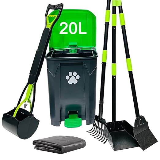 20L/5Gallon Dog Poop Trash Can Outside with Pooper Scooper & 50 Waste Bags- Outdoor Dog Poop Trash Can with Lid, Foot Pedal and Removable Inner Bin Waterproof and Odor Control