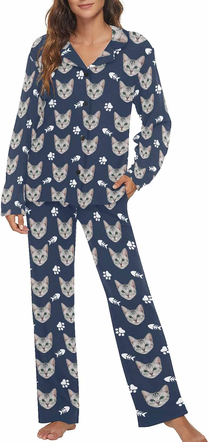 MyPupSocks Custom Face Pajamas for Women Set, Personalized Photo Long Sleepwear XS-XXL