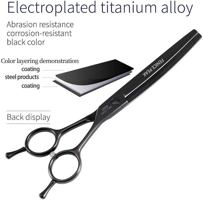 Fenice Peak Professional Dog Grooming Scissors Pet Curved Thinning Shears 7.0'' Extremely Sharp Blades 440C Steel Thinning Scissors Durable Smooth Motion & Fine Cut for Dogs and Cats(Black)