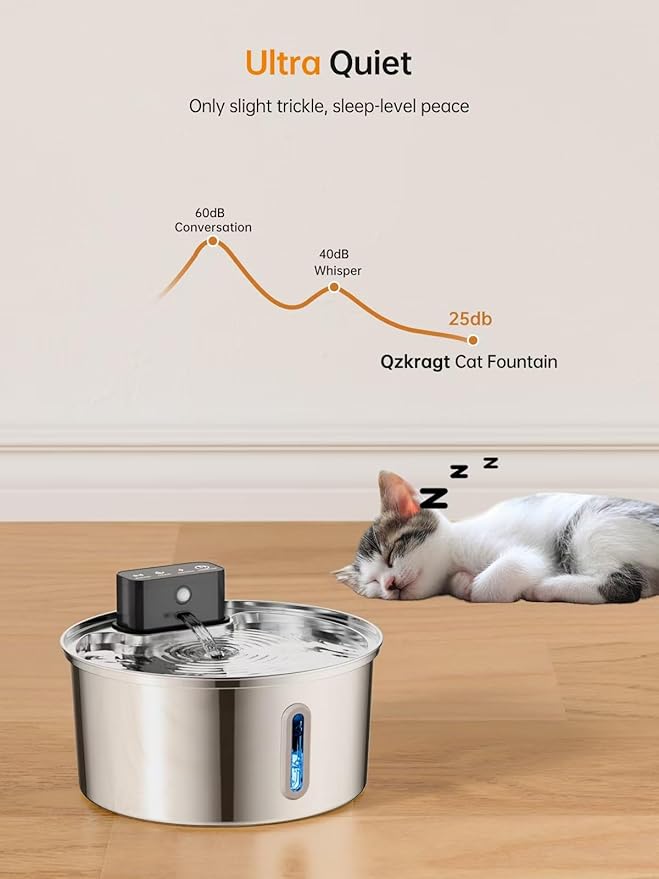 Wireless Cat Water Fountain, Stainless Steel Cordless Cat Fountain, 108OZ/3.2L Automatic Pet Water Fountain, 4000mAh Battery Operated Water Dispenser with Motion Sensor for Cats, Dogs Indoor Drinking