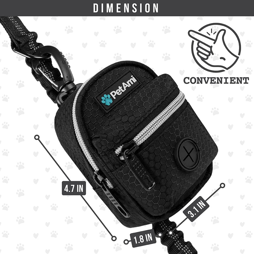 PetAmi Dog Poop Bag Holder for Leash, Dog Pet Waste Bag Dispenser For Poop With Clip For Doggie Puppy Walking Accessories Travel Camping, Dog Treat Pouch Supplies Must Have With Doggy Bag Roll, Black