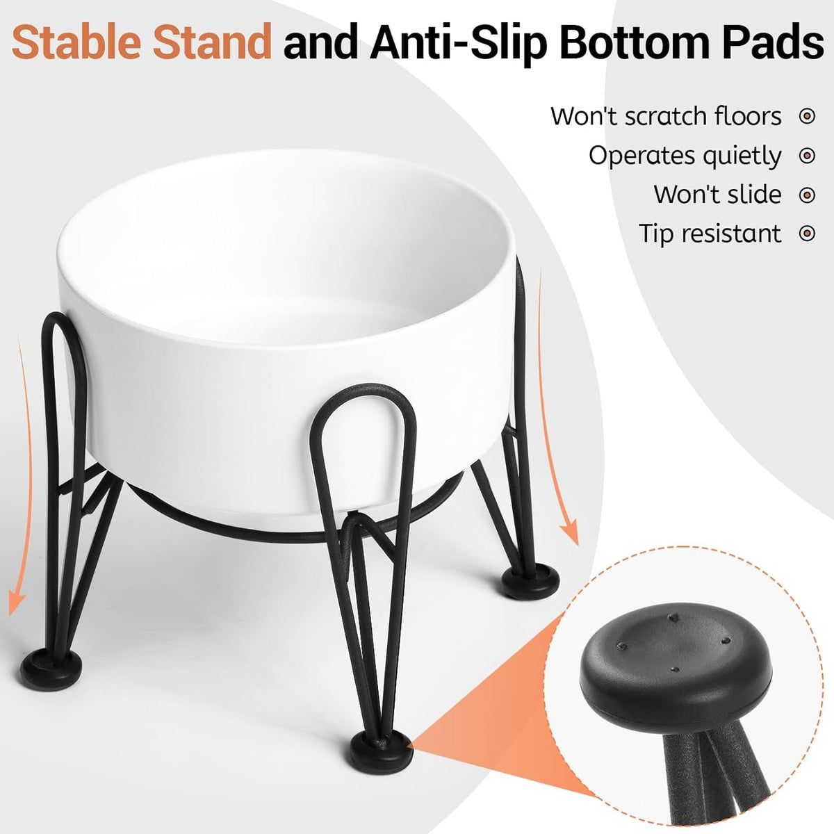 Elevated Dog Bowls, Ceramic Raised Dog Bowl Set with Anti-Slip and Non-Tip Metal Stand, 2 Pack Pet Food and Water Feeding Bowls for Small and Medium Dogs (White,3.6 Cups)