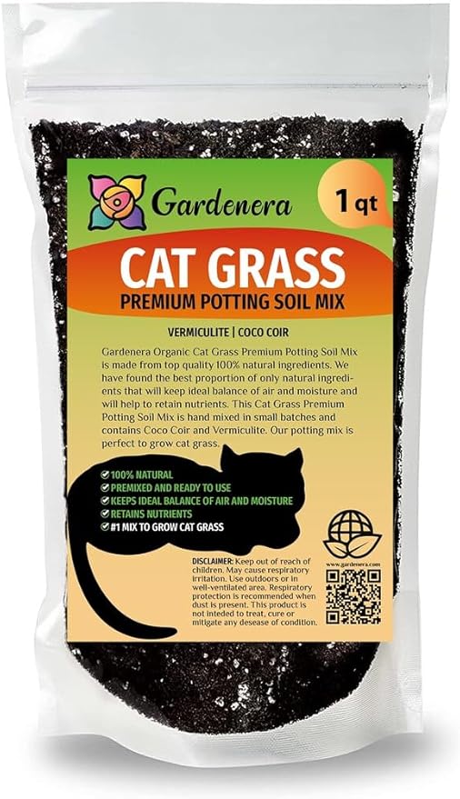 Gardenera Premium Cat Grass Potting Mix - Provide Your Feline Friend with a Natural and Nutritious Snack - 1 Quart