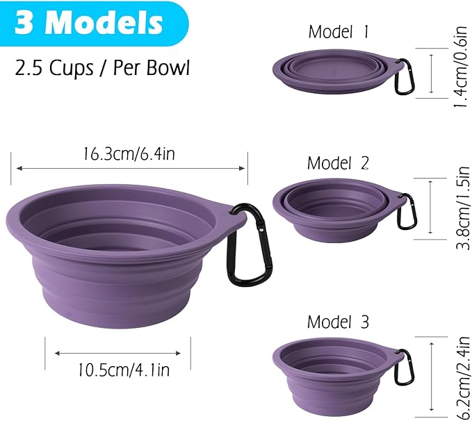 PetBonus 2-Pack Silicone Collapsible Dog Bowls, BPA Free Dishwasher Safe, Portable Foldable Expandable Travel Bowl, Food Water Feeding Cup Dish for Dogs Cats with 2 Carabiners (Black, Dark Purple)