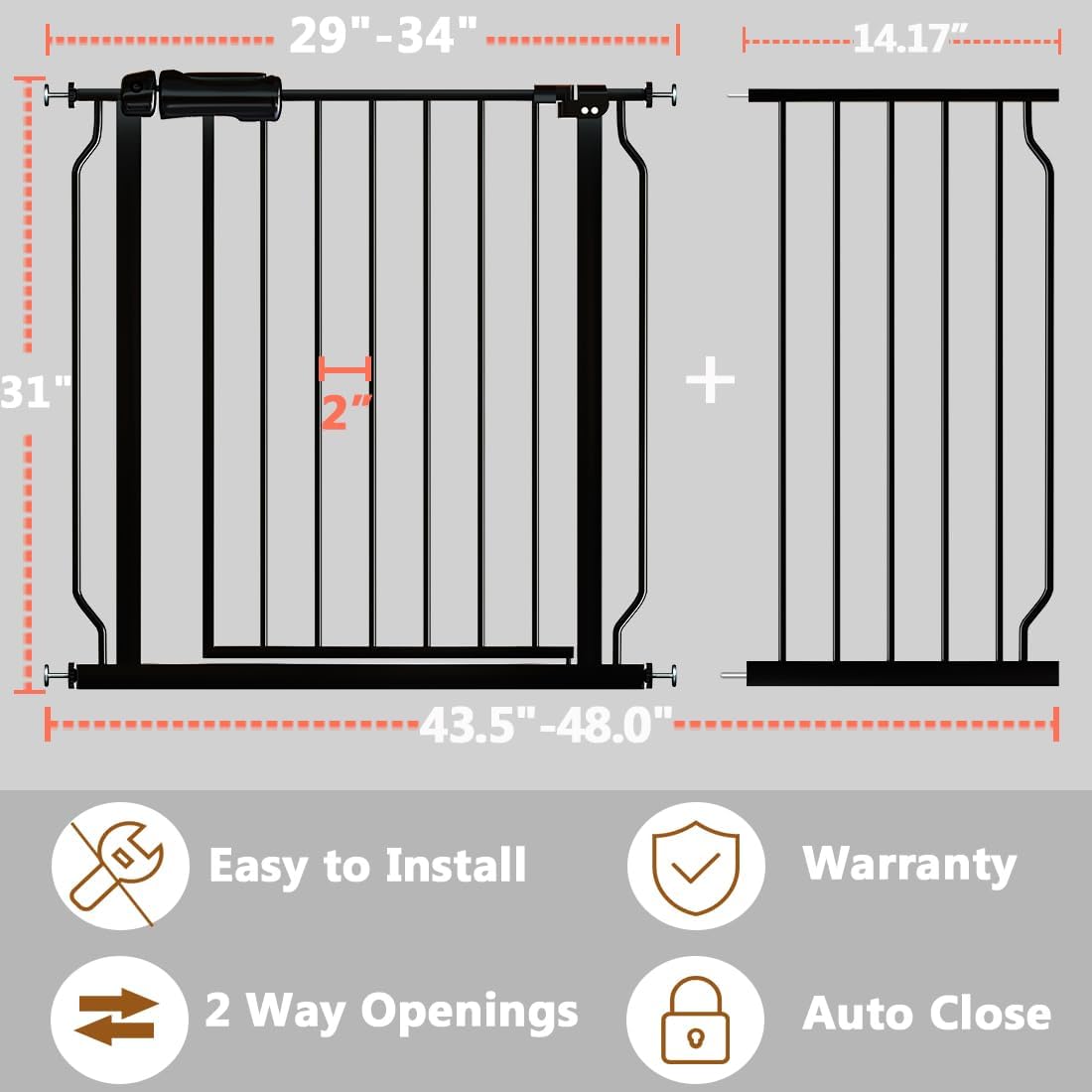 Fairy Baby Walk Through Baby Gate 43.5-48 Inch Wide, Pressure Mounted Safety Gate with Door No Drill, Black Tension Metal Gate for Dog and Toddler