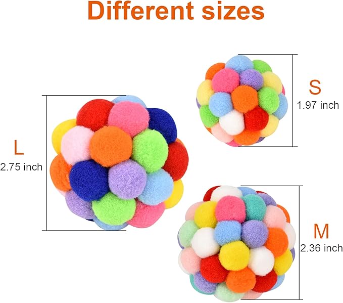 TUSATIY Cat Toy Balls with Bell 3PCS, Colorful Soft Fuzzy Balls Built-in Bell for Cats, Interactive Playing Chewing Toys for Indoor Cats and Kittens
