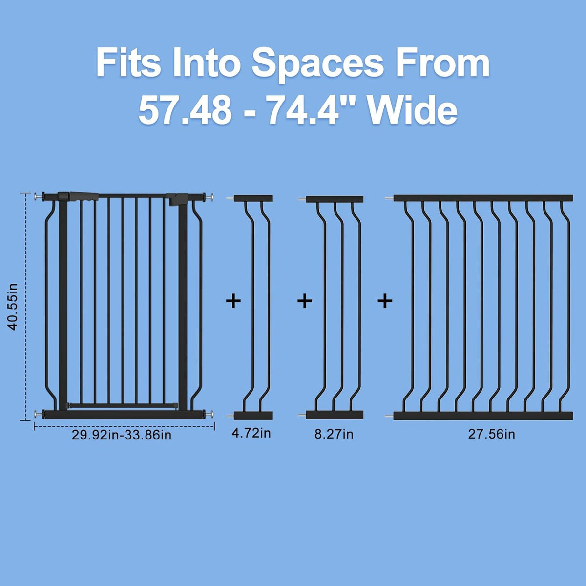 WAOWAO Extra Tall 40.55" Baby Gate 57.48-74.4" Wide Pressure Mounted Walk Through Swing Auto Close Safety Black Metal Toddler Child Dog Pet for Indoor Stairs,Doorways