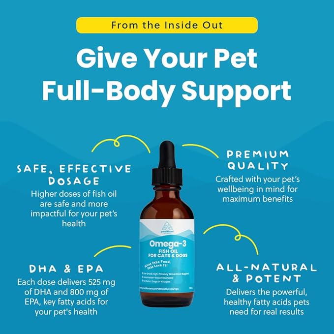 Wild-Caught Omega 3 Fish Oil for Dogs & Cats, Liquid EPA DHA Supplement for Skin, Coat, Joints & Heart, Low-Odor Omega 3 Drops for Small Dog Breeds & Cats with Itchy Skin, 2 oz