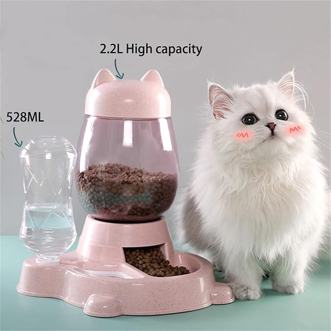 Automatic Cat & Dog Feeder Set, Self-Dispensing Food & Water Dispenser, Large Capacity (Pink)