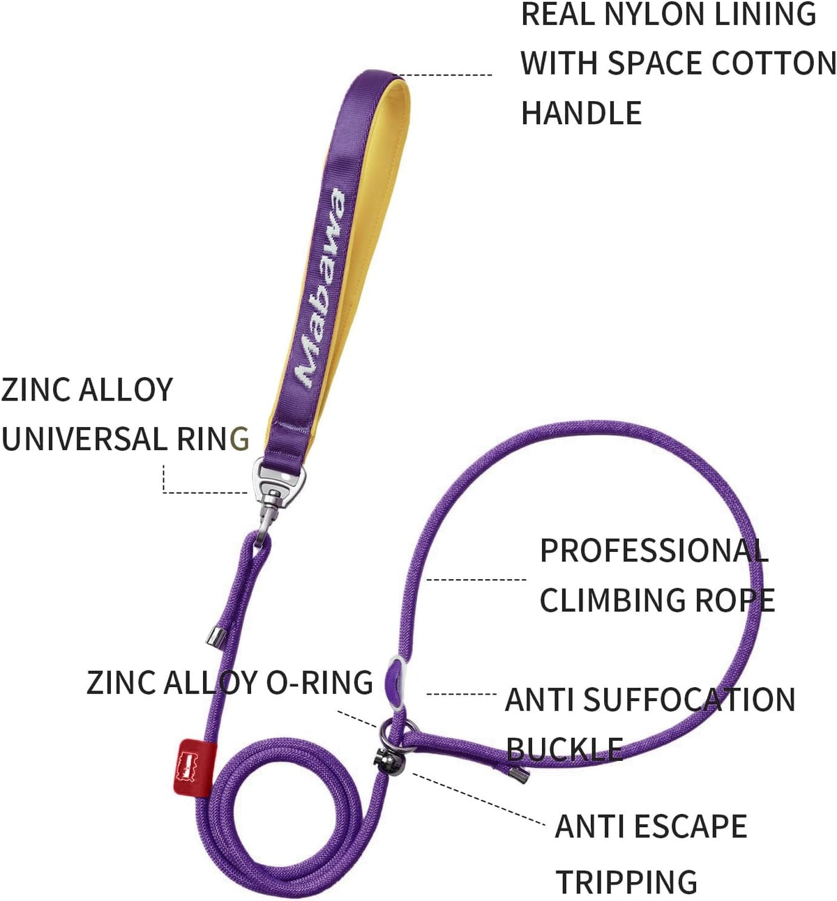 Dog Anti-Slip Leash 5FT with Metal Stopper - Durable No-Pull Training Lead for Small, Medium & Large Dogs - Comfortable Handle Nylon Rope, Tangle-Free Pet Walking Leash (Purple, 5 FT)