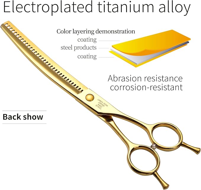 Fenice Peak Professional Dog Grooming Scissors Pet Curved Chunker Shears 7.0'' Extremely Sharp Blades 440C Steel Thinning Scissors Durable Smooth Motion & Fine Cut for Dogs and Cats(Gold)