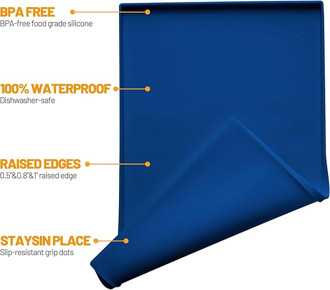 Hubulk Dog Feeding Mat,100% Waterproof Food Grade Silicone Pet Food and Water Bowl Placemat,Dishwasher, High Raised Edge to Prevent Spills,Nonslip Tray to Stop Messes on Floor (24"x16"x0.5", Navy)