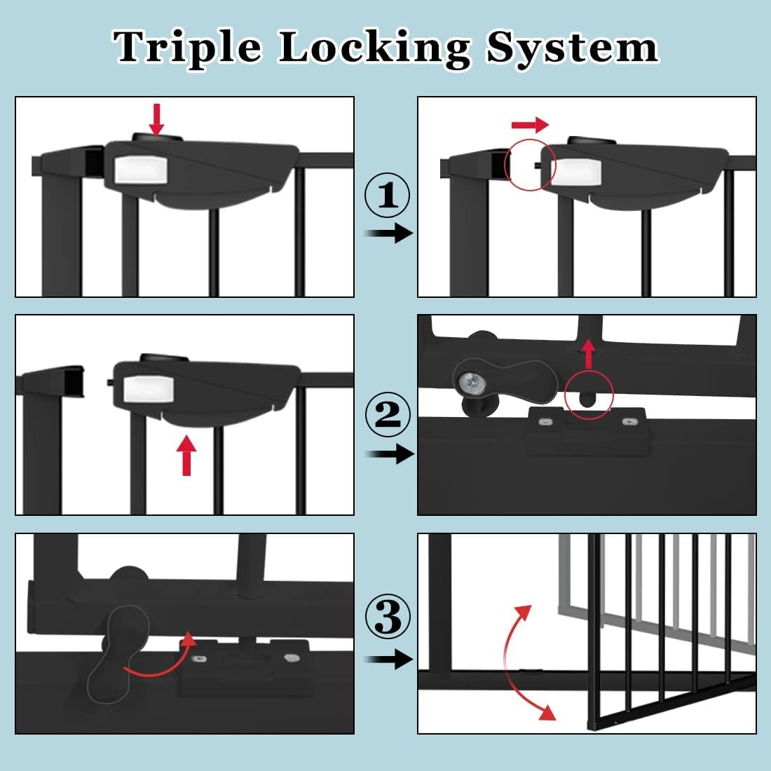 WAOWAO Triple Lock Baby Gate Extra Wide 81.49-86.22" Pressure Mounted Walk Through Swing Auto Close Safety Black Metal Dog Pet Puppy for Stairs,Doorways