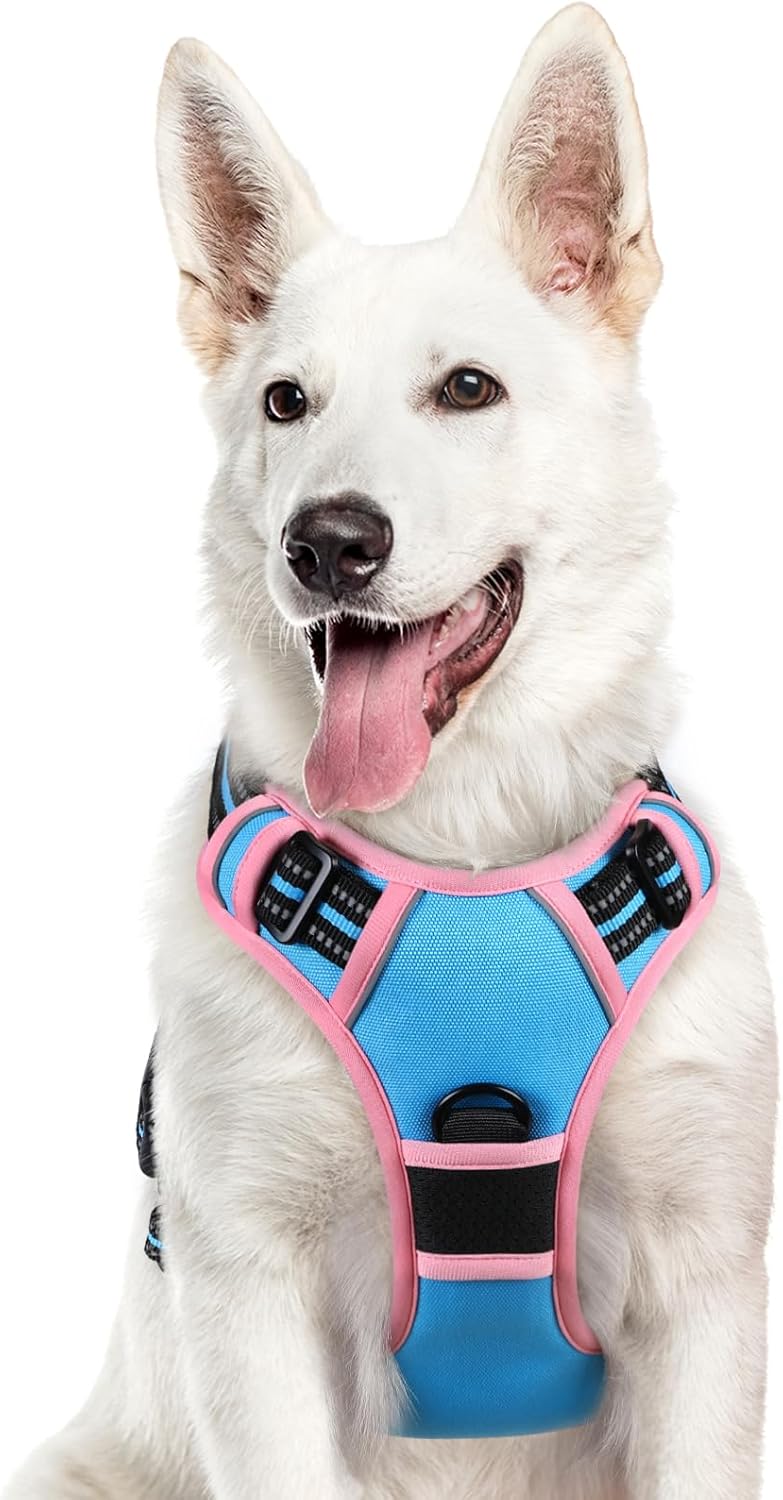 Eagloo Dog Harness for Large Dogs, No Pull Service Vest with Reflective Strips and Control Handle, Adjustable and Comfortable for Walking, No Choke Pet Harness with 2 Metal Rings, Pink & Blue, XL