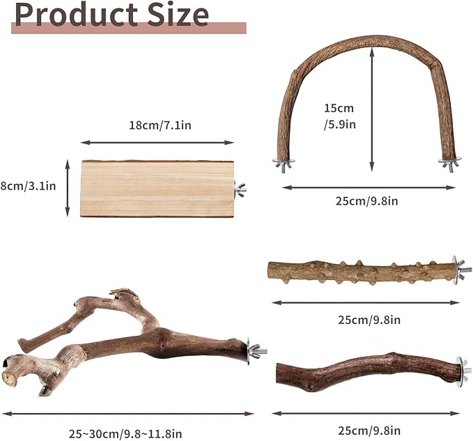 Bird Perches, 5pcs Natural Wood Birds Stand Branch, Bird Perch Chewing Stick Cage Accessories Parrot Climbing Standing Branches Paw Grinding Fork Sets for Cockatiels Ringneck Parrots