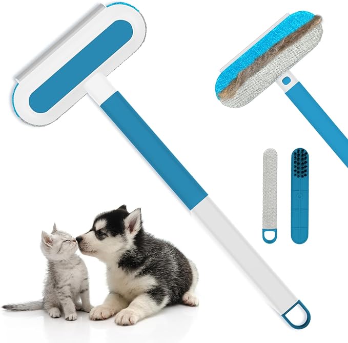 Multifunctional Pet Hair Remover Tool, 4 in 1-Reusable Washable Long Handle Dog&Cat Fur Hair Remover for Furniture,Carpet,Couch,Clothes,Bedding,Car,Window,Better Than Lint Rollers, with 2 Scrapers