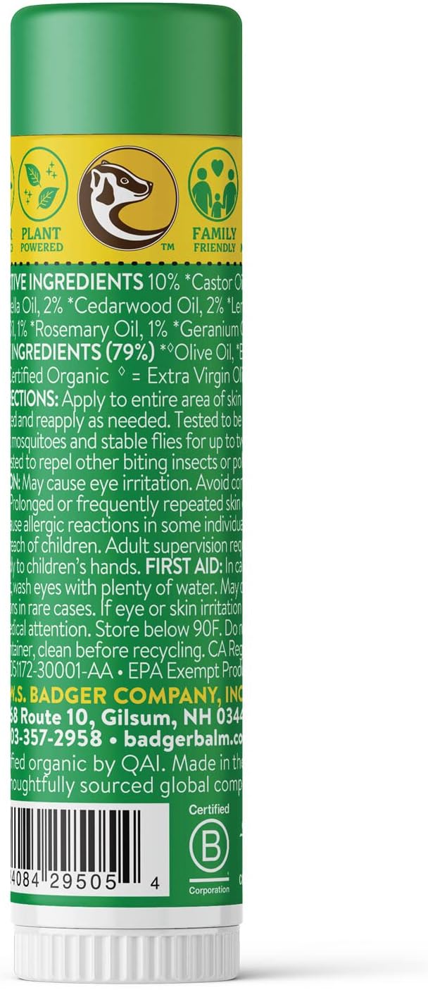 Badger Bug Repellent, Easy to Use Travel Stick, DEET-Free Mosquito Repellent & Insect Protection, Certified Organic Essential Oil Balm