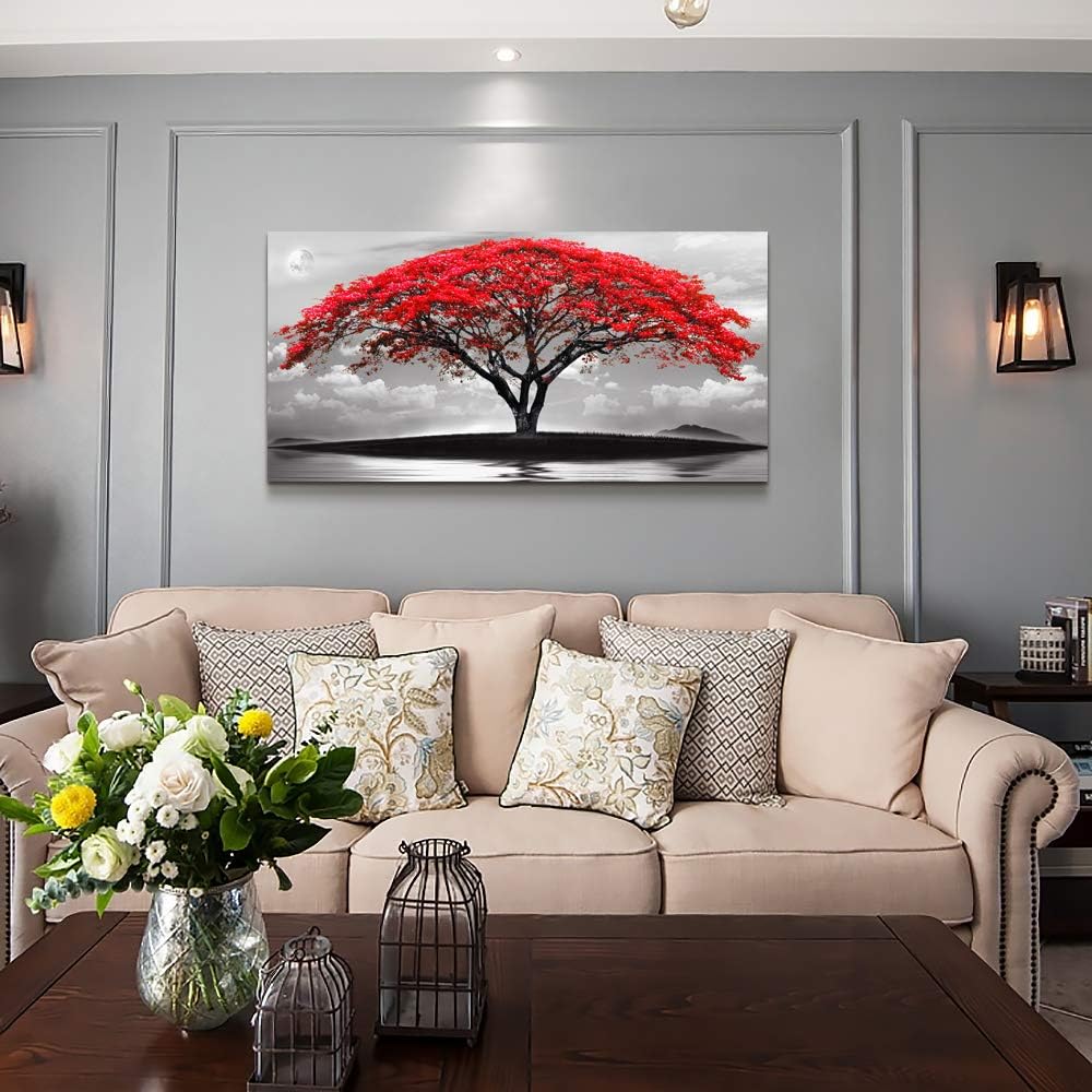 canvas wall art for living room bathroom Wall Decor Black and white landscape red tree moon scenery Hang painting Home Decorations for office bedroom kitchen Works canvas Prints pictures 20" x 40"inch